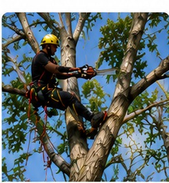Hombre subido a un árbol podando una rama